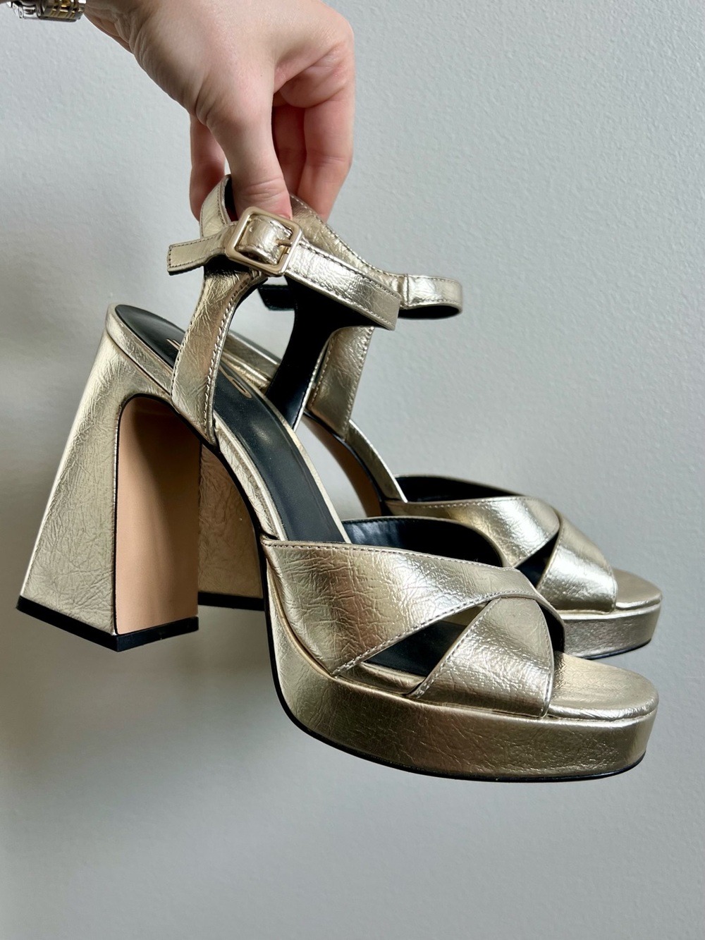 Mix No. 6 Metallic Gold Platform Ankle-Strap Block Heels